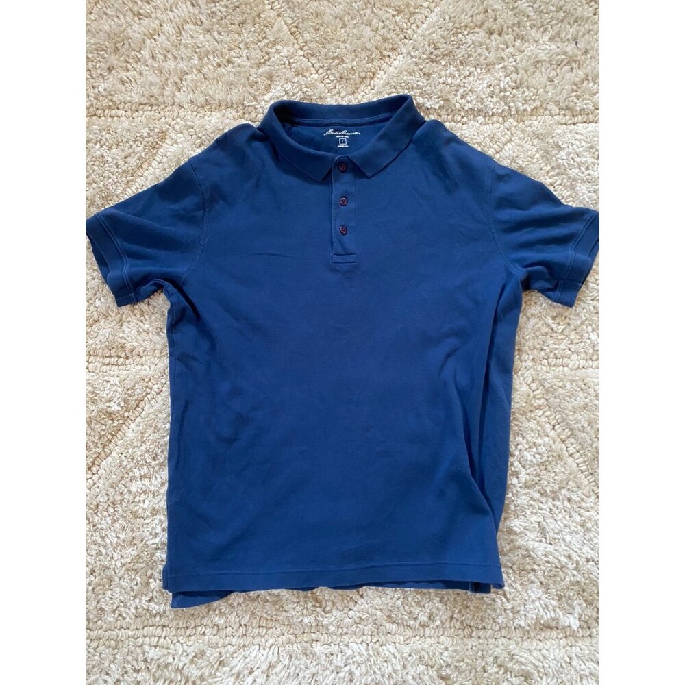 Eddie Bauer Polo Shirt Mens Large Short Sleeve Blue Rugby Cotton Button Up